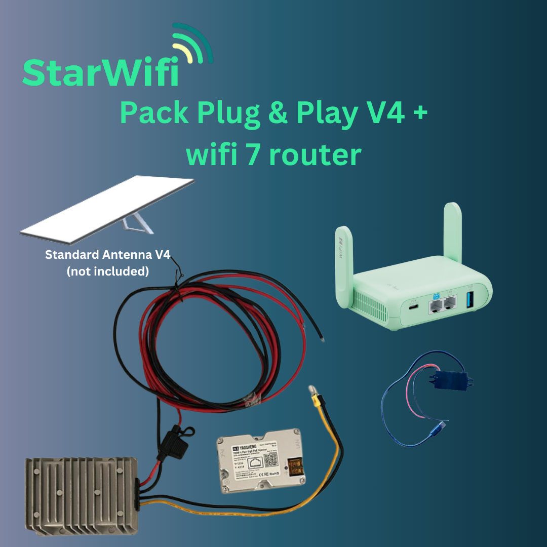 Pack StarWifi Plug & Play V4 - Alimentation 12V / 24V compatible Starlink V4 + routeur wifi 7 - StarWifi