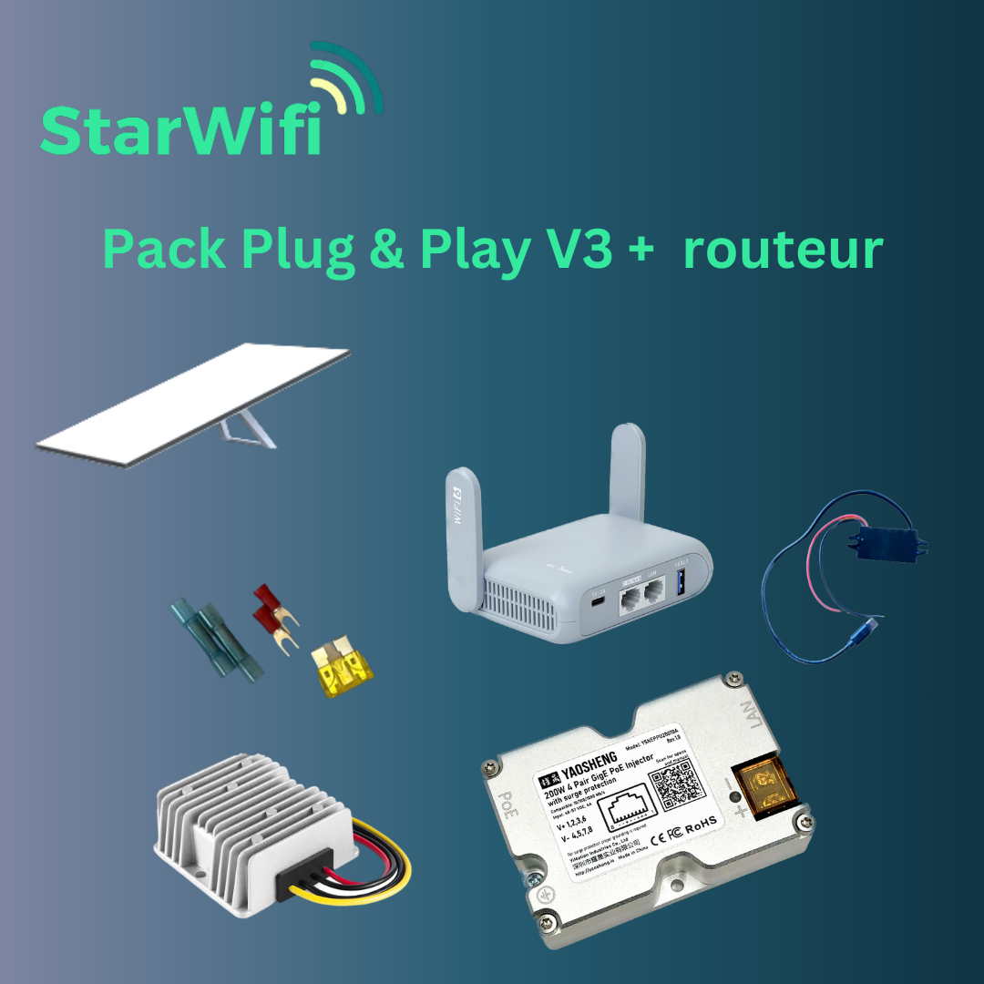 Pack StarWifi Plug & Play V3 - Stromversorgung 12V / 24V kompatibel mit Starlink V3 + WLAN-Router